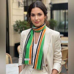 Bianchini Ferier Paris Silk Scarf Black Gray Orange Green Cream Stripe Vintage